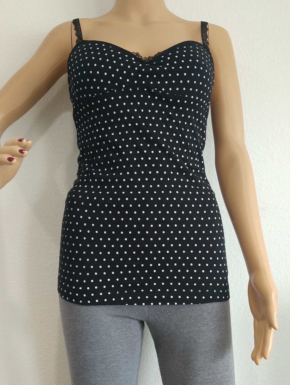 LEI Black Polka Dot Lace-Trim Underwire Cami Top
